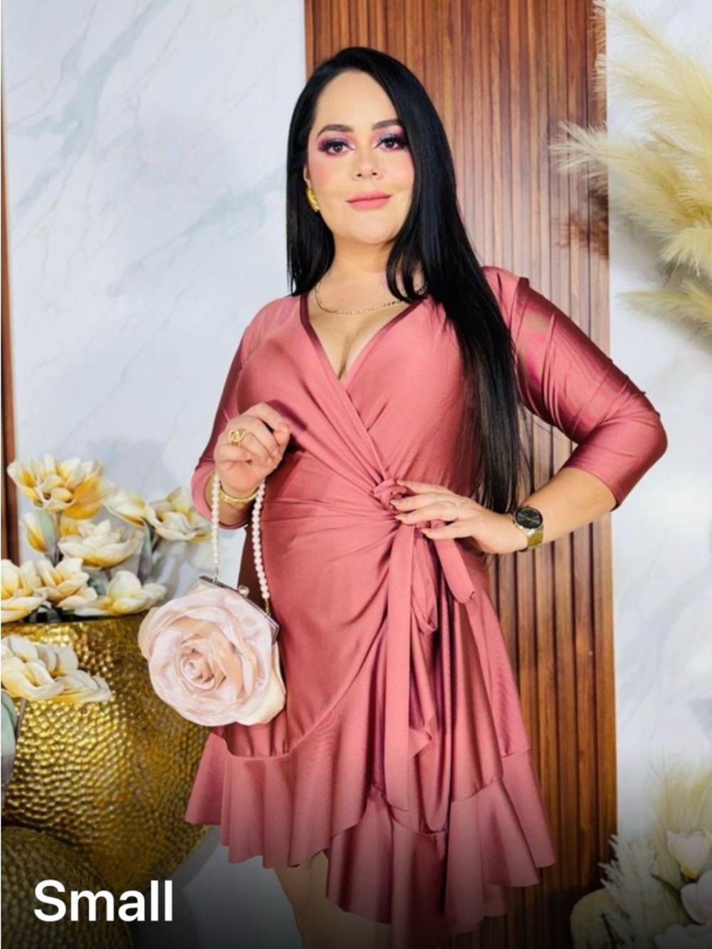 Wrap-Style Midi Dress in Dusty Rose